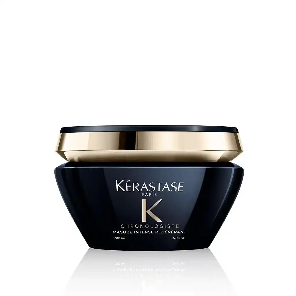 Kérastase Chronologiste hair mask in a sleek black and gold container.