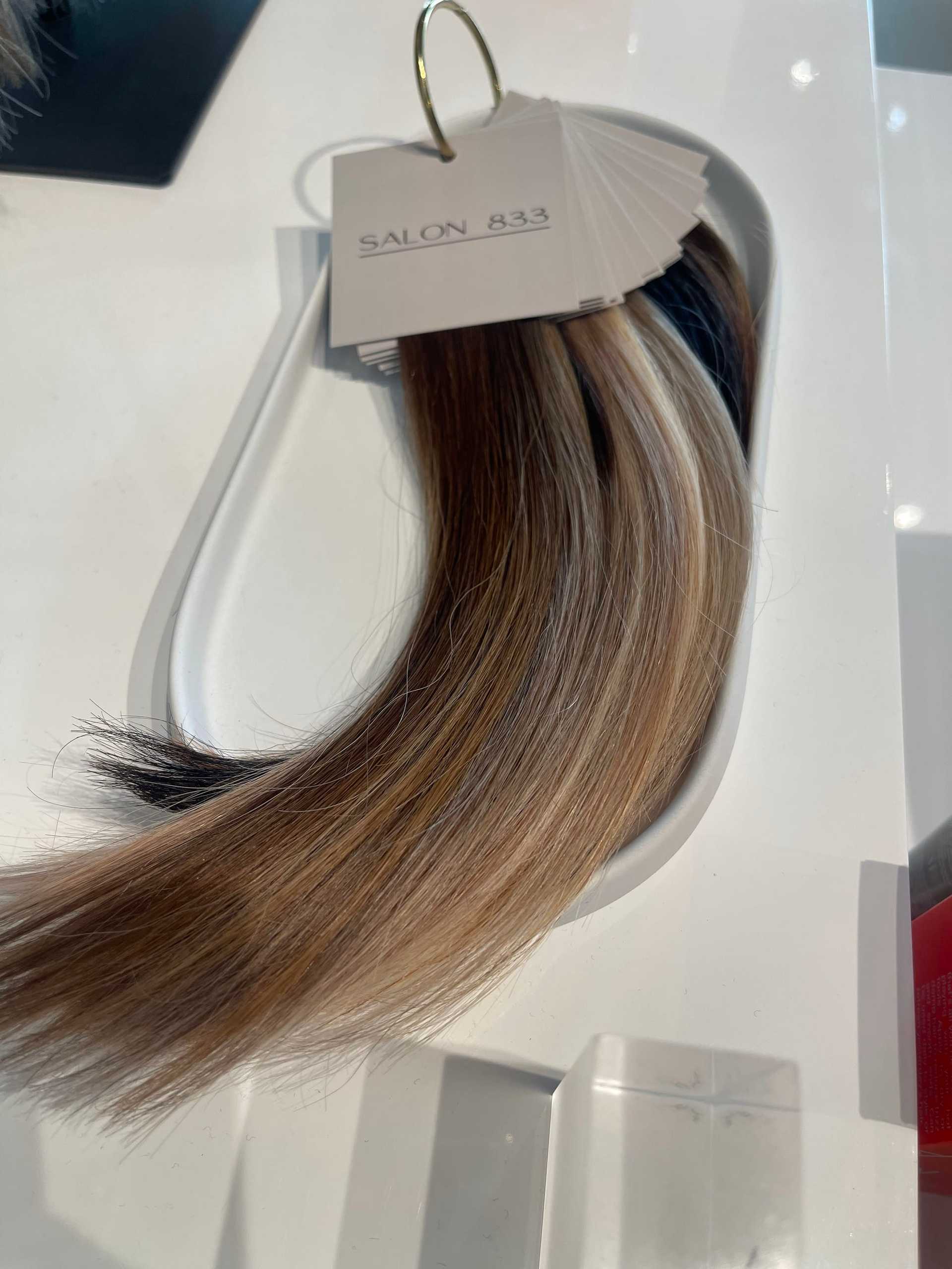 Hair color swatch with shades of brown, blonde, and black, labeled "Salon 833.